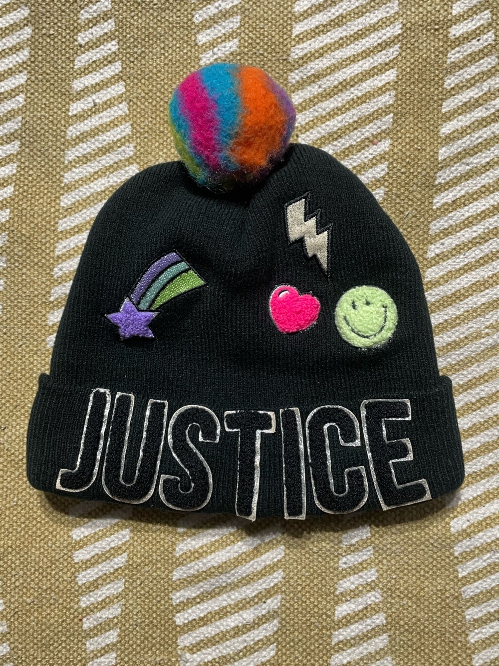 Justice Black Beanie Hat with Rainbow Pom Pom and Colorful Patches – Girls GUC